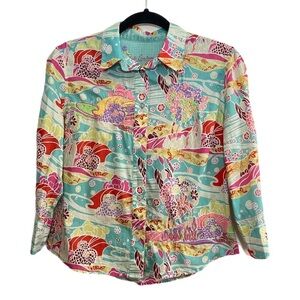 Robert Graham turquoise & pink tropical pattern embroidered 3/4 sleeve button up